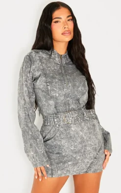 Petite Washed Grey Long Sleeve Fitted Mini Dress With Belt Detail