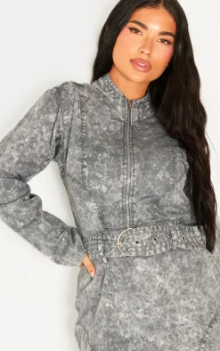Petite Washed Grey Long Sleeve Fitted Mini Dress With Belt Detail