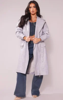 Petite Washed Grey Pu Biker Trench