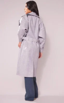 Petite Washed Grey Pu Biker Trench