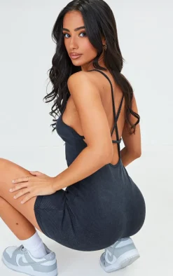 Petite Washed Grey Rib Cross Over Back Unitard