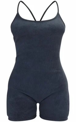 Petite Washed Grey Rib Cross Over Back Unitard