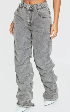 Petite Washed Grey Ruched Straight Leg Denim Jeans