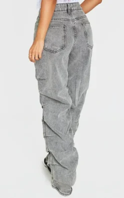 Petite Washed Grey Ruched Straight Leg Denim Jeans