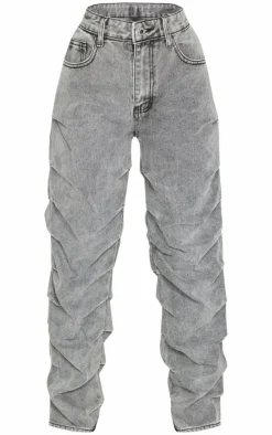 Petite Washed Grey Ruched Straight Leg Denim Jeans