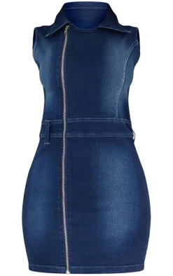 Petite Washed Indigo Zip Up Collar Detail Denim Dress