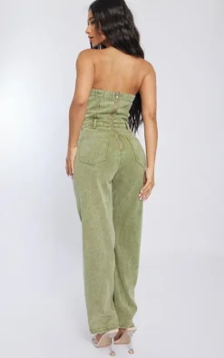 Petite Washed Khaki Bandeau Denim Jumpsuit