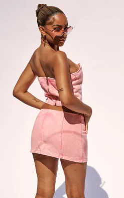 Petite Washed Pink Bandeau Denim Corset Top