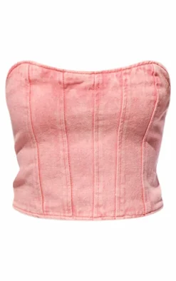 Petite Washed Pink Bandeau Denim Corset Top