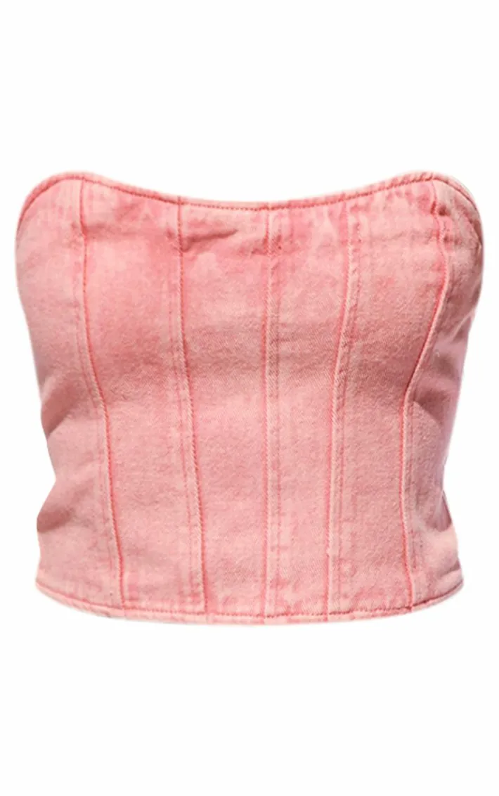 Petite Washed Pink Bandeau Denim Corset Top
