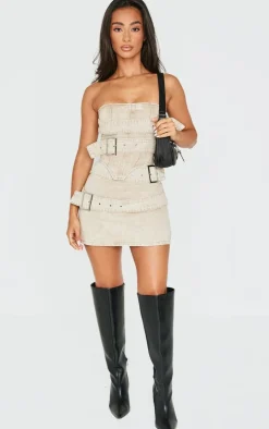 Petite Washed Stone Buckle Detail Denim Mini Skirt