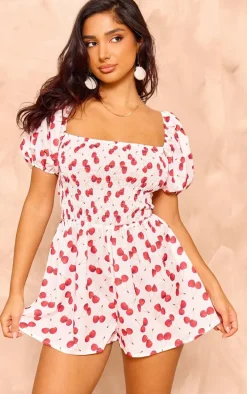 Petite White Backless Cherry Print Romper