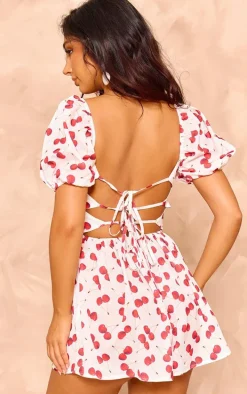 Petite White Backless Cherry Print Romper