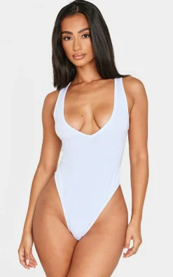Petite White Basic Cotton Blend Plunge Sleeveless Bodysuit