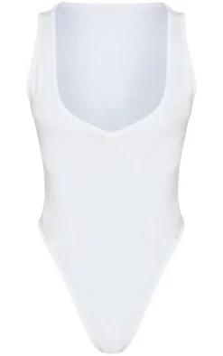 Petite White Basic Cotton Blend Plunge Sleeveless Bodysuit