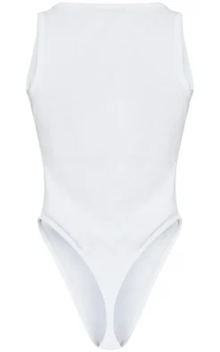 Petite White Basic Cotton Blend Plunge Sleeveless Bodysuit