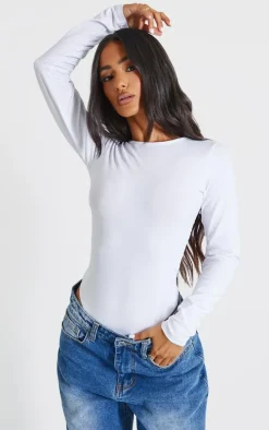 Petite White Basic Cotton Blend Crew Neck Bodysuit
