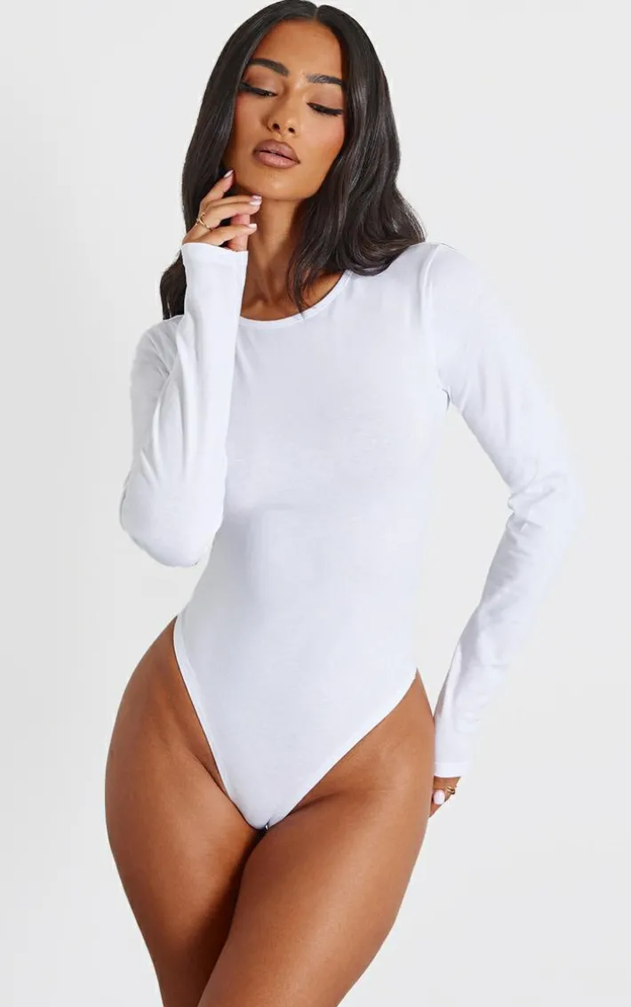 Petite White Basic Cotton Blend Crew Neck Bodysuit