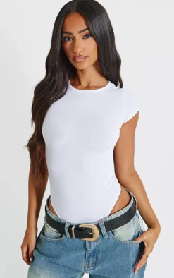 Petite White Basic Cotton Blend Fitted Short Sleeve Bodysuit