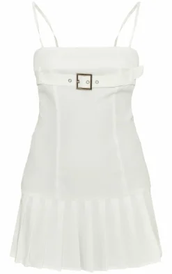 Petite White Belt Detail Pleated Mini Dress