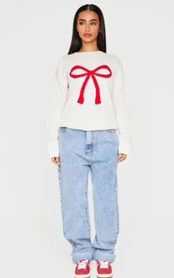 Petite White Bow Christmas Sweater