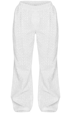 Petite White Broderie Low Waist Straight Leg Pants