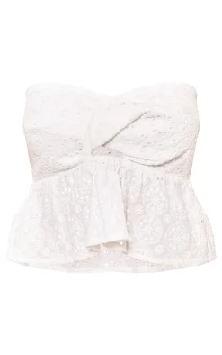 Petite White Broderie Twist Front Crop Top