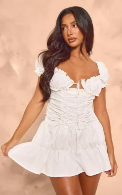 Petite White Corset Lace-up Ruffle Dress
