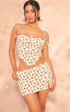 Petite White Denim Strawberry Printed Low Rise Mini Skirt