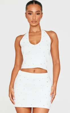 Petite White Diamante Knit Halterneck Top