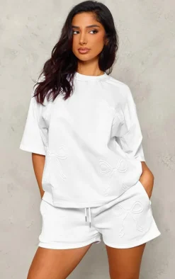 Petite White Embossed Bow Detail T-shirt