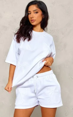 Petite White Embossed Bow Detail Shorts