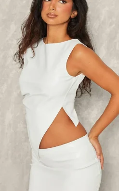 Petite White Faux Leather Open Back Asymmetric Top