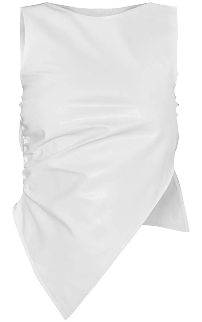 Petite White Faux Leather Open Back Asymmetric Top