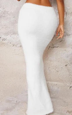 Petite White Fluffy Knit V Front Maxi Skirt