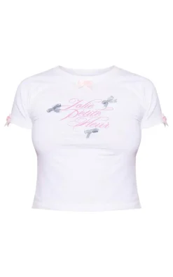 Petite White Graphic Fitted T-shirt With Bow Details