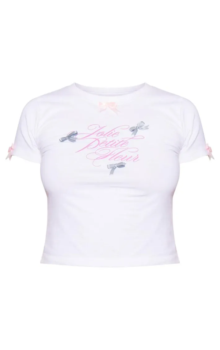 Petite White Graphic Fitted T-shirt With Bow Details