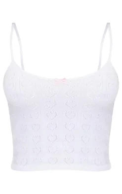 Petite White Knit Pointelle Cami With Bow Detail