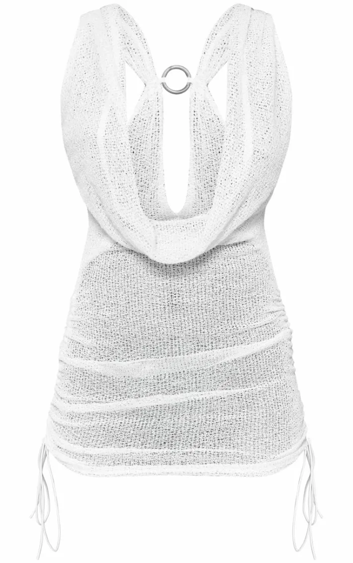 Petite White Knitted Extreme Cowl Ruched Mini Dress