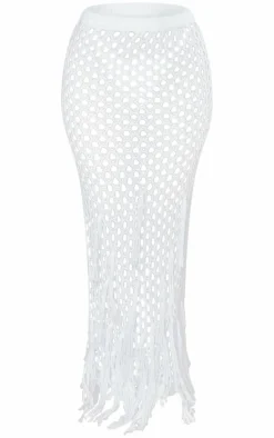 Petite White Knitted Low Waist Maxi Skirt With Tassel Details