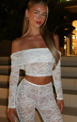 Petite White Lace Bardot Long Sleeve Top