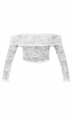Petite White Lace Bardot Long Sleeve Top