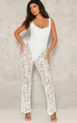 Petite White Lace Boning Detail Strappy Flared Jumpsuit