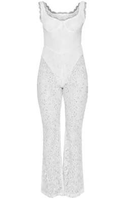 Petite White Lace Boning Detail Strappy Flared Jumpsuit