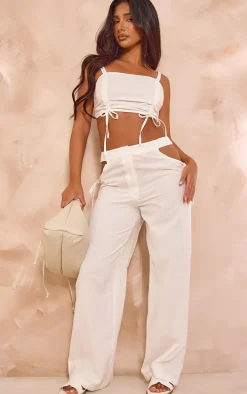 Petite White Linen Look Cut Out Side Wide Leg Pants