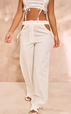 Petite White Linen Look Cut Out Side Wide Leg Pants