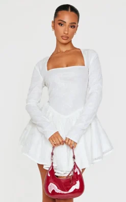 Petite White Long Sleeve Skater Hem Sequin Mini Dress