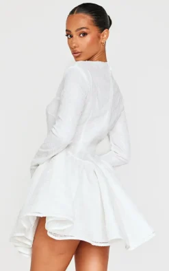 Petite White Long Sleeve Skater Hem Sequin Mini Dress