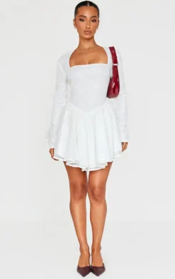 Petite White Long Sleeve Skater Hem Sequin Mini Dress