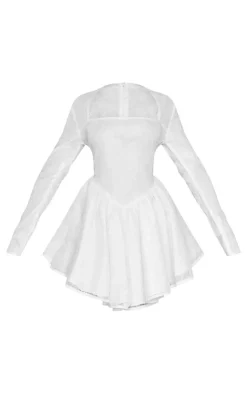 Petite White Long Sleeve Skater Hem Sequin Mini Dress